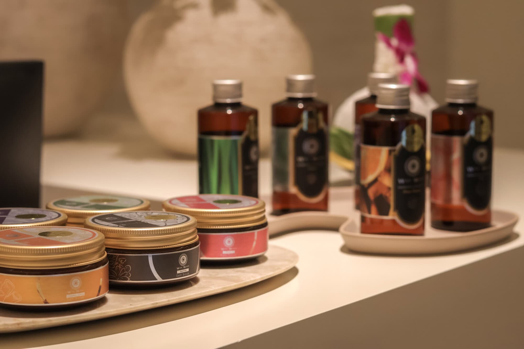 Aromatherapy massage oils and salts at Makkha spa in Chiang Mai, made with premium ingredients