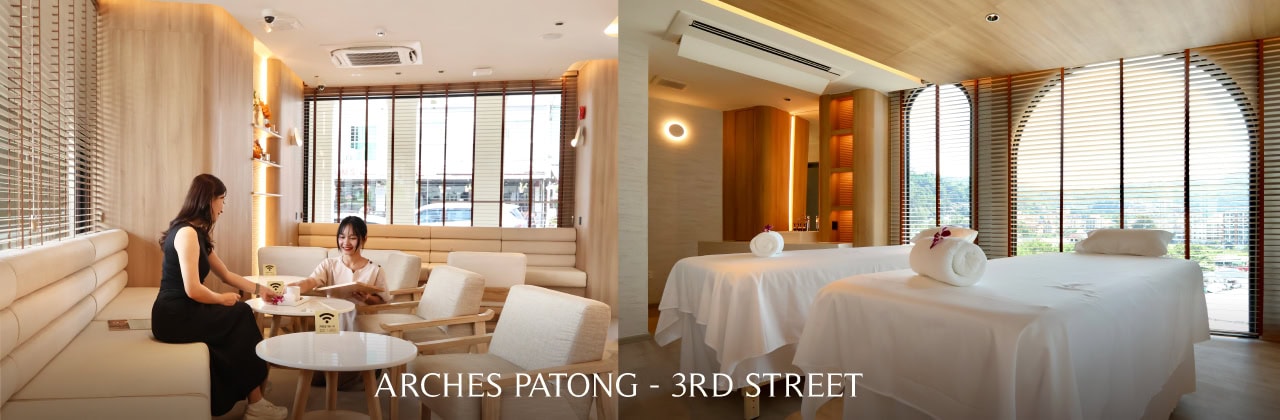 Relaxing Chiangmai spa with modern interiors, comfortable massage rooms, and friendly staff, offering rejuvenating treatments and wellness experiences at Makkha Spa in Arches Patong, 3rd Street.