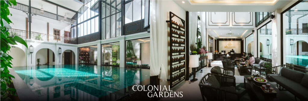 Indoor luxurious swimming pool area at Makkha Spa in Chiang Mai, with natural light, elegant decor, and tranquil ambiance.