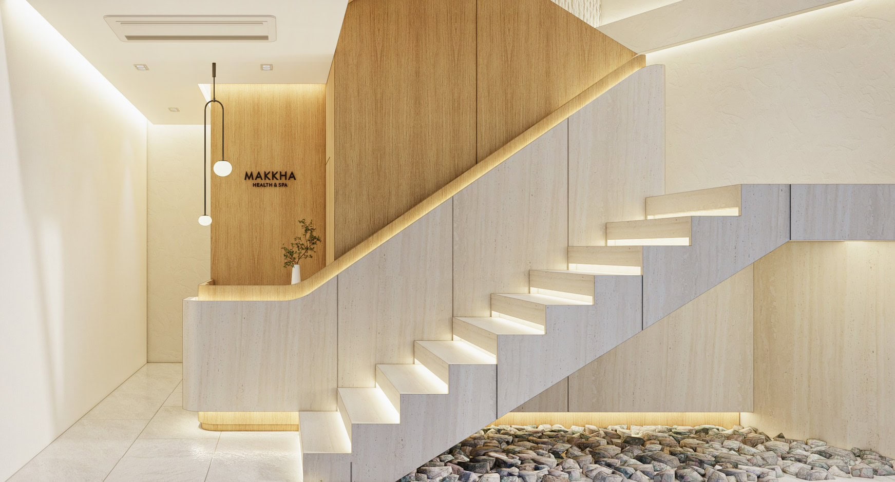 Relaxing spa reception area with modern wooden staircase, soft lighting, and minimalist decor at Makkha Spa in Chiangmai, emphasizing tranquility and luxury.