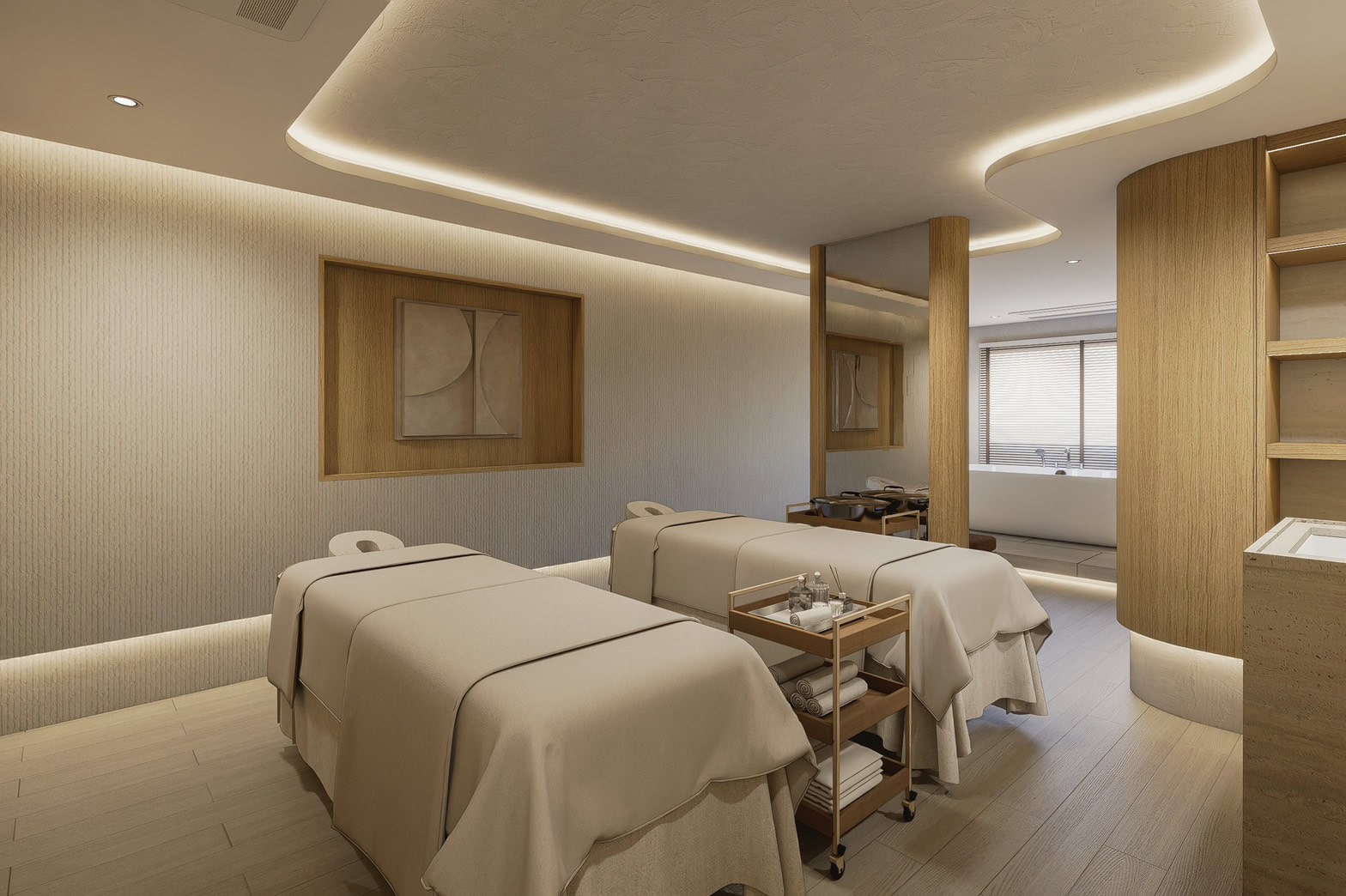 Relaxing massage therapy room at Makkha Spa in Chiangmai with two massage beds, soft lighting, and calming decor for a tranquil spa experience.
