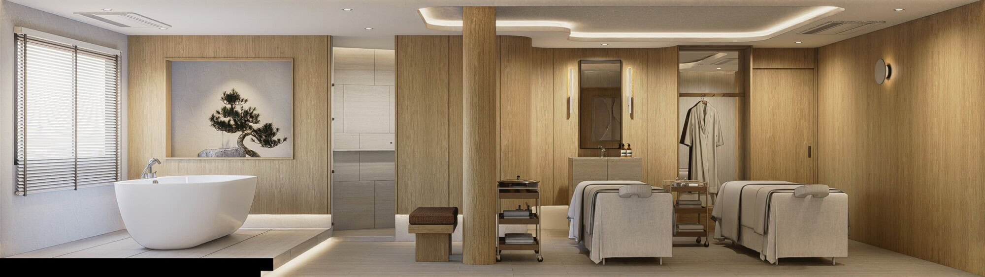 Relaxing spa treatment room at Makkha Spa in Chiangmai with comfortable massage beds, soothing lighting, and elegant decor for a rejuvenating wellness experience.
