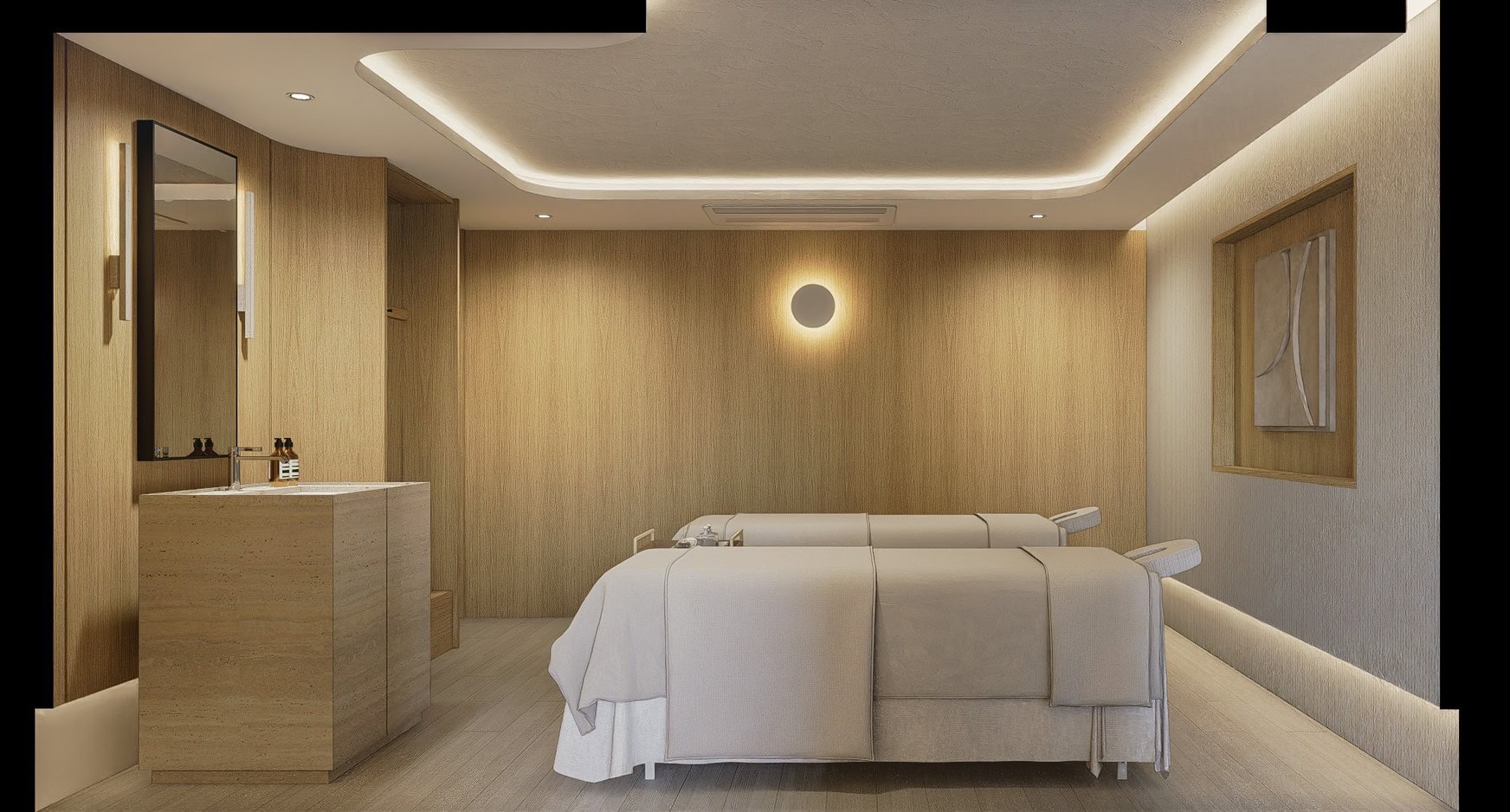 Relaxing massage room at Makkha Spa in Chiangmai with modern decor, soft lighting, and comfortable treatment beds for a soothing spa experience.