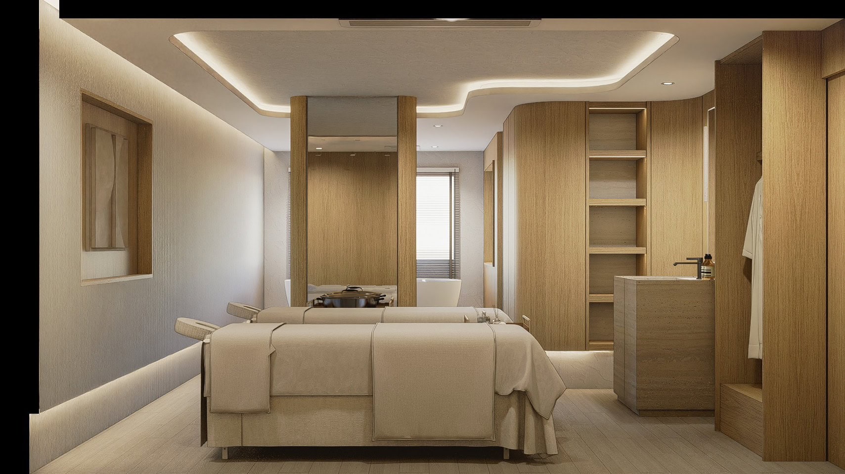 Relaxing massage room at Makkha Spa in Chiangmai with modern wooden decor and tranquil ambiance.