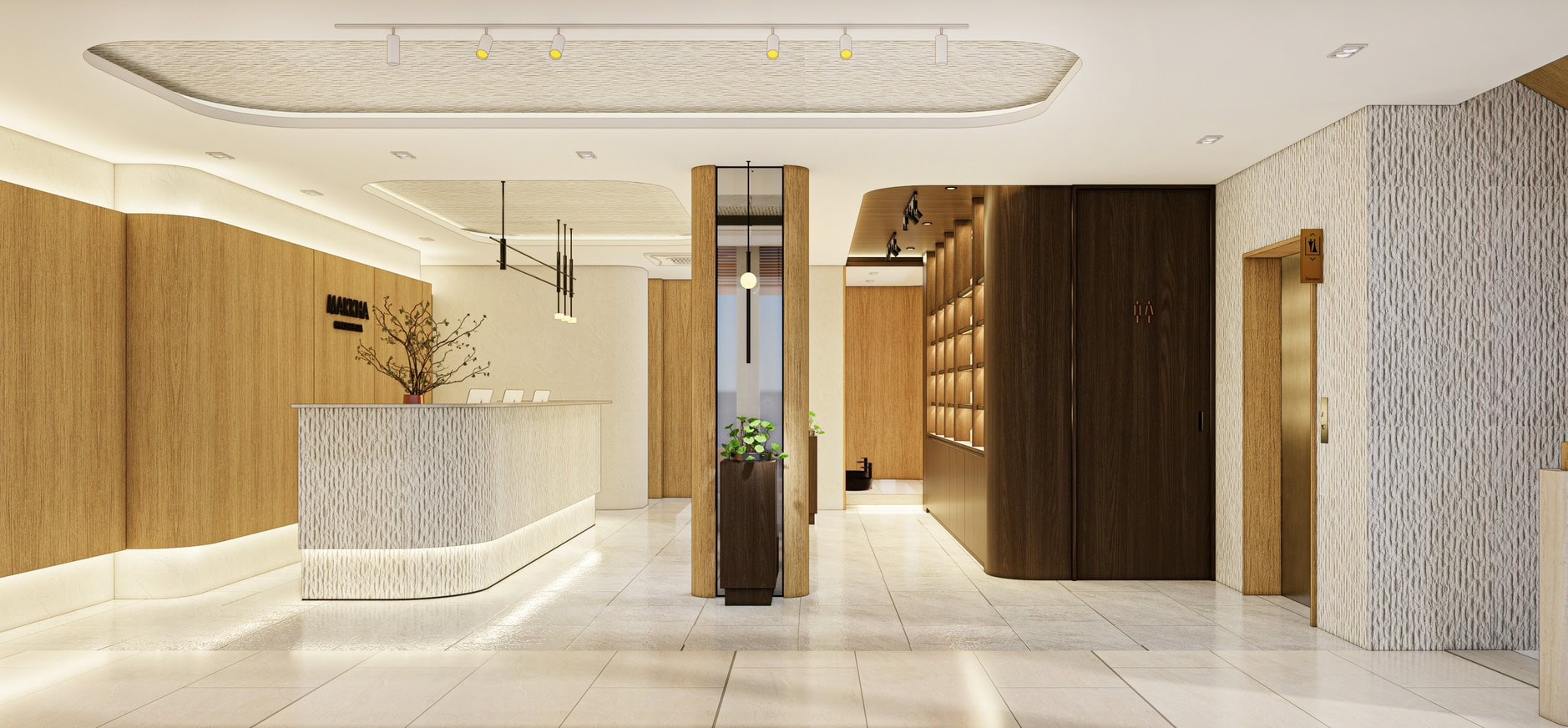 Relaxing spa reception area with modern wooden accents, soft lighting, and a welcoming atmosphere at Makkha Spa in Chiangmai.