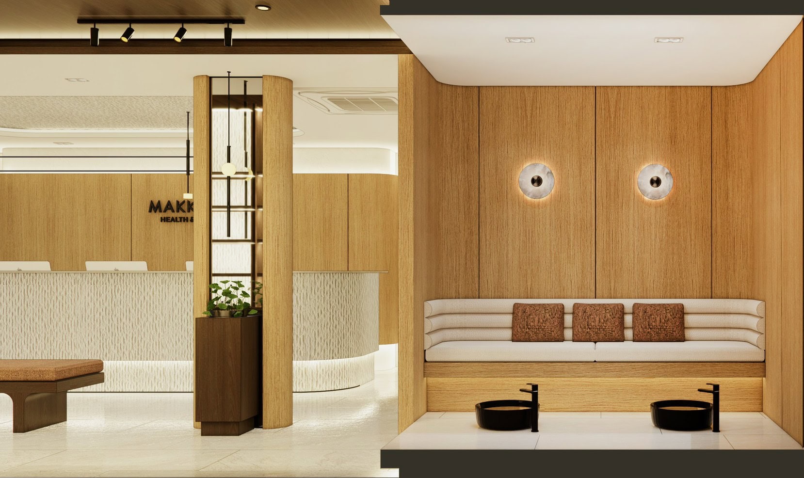 Modern spa reception area at Makkha Spa in Chiangmai with warm wooden accents and comfortable seating for guests.