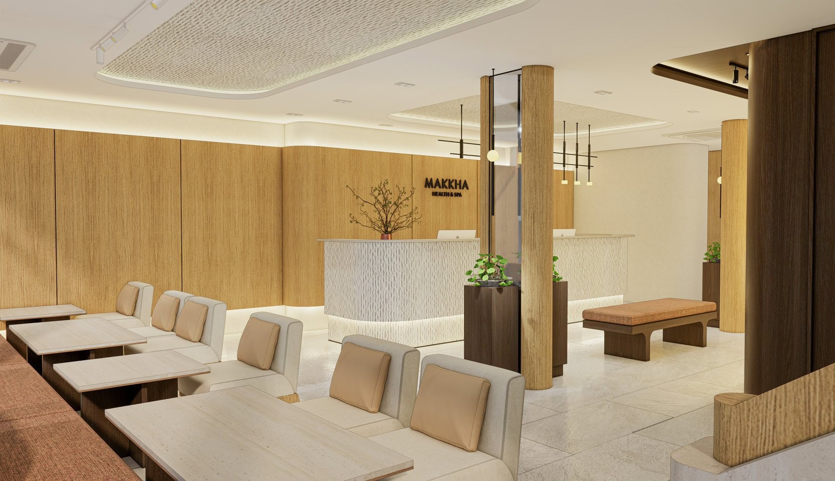 Relaxing spa lounge area with modern wooden decor and comfortable seating at Makkha Spa in Chiangmai, offering a tranquil environment for guests seeking rejuvenation and wellness treatments.